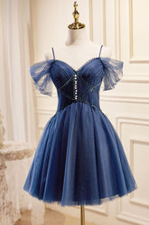Dark Homecoming Dress Blue V Neck Tulle Short Party Cocktail Dress