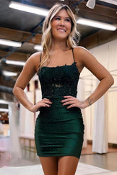 Dark Homecoming Dress Green Spaghetti Straps Cross Back Short Party Cocktail Dress