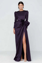 Dressystars Dark Purple Sheath Ruched Crew Neck Long Sleeves Prom Dress With Slit