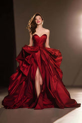 Dressystars Dark Red Ball Gown Ruffled Sweetheart Long Pageant Dress With Slit