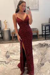 Dark Red Prom Dress Sequined Long Evening Dress with Slit