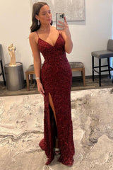 Dark Red Prom Dress Sequined Long Evening Dress with Slit