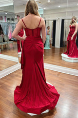 Dark Red Prom Dress Sweetheart Neck Satin Mermaid Long Evening Dress With Split