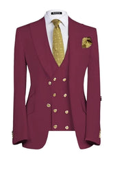 Dark Red Three Piece Peaked Lapel Prom Suit