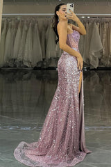 Purple Sequin High-Slit Formal Dress With Structured Corset Formal Evening Gown