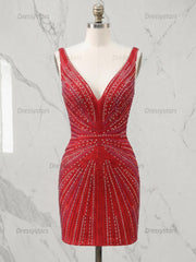 Dressystars Deep V-Neck Allover Rhinestone Starburst Bodycon Homecoming Dresses Mini Cocktail Dress