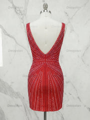 Dressystars Deep V-Neck Allover Rhinestone Starburst Bodycon Homecoming Dresses Mini Cocktail Dress