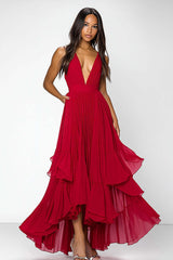 Deep V-Neck Chiffon A Line Red Wedding Guest Dress Long Formal Dress