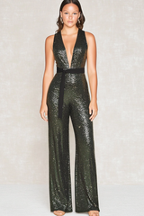 Deep V-Neck Olive Wedding Guest Dress Gala Jumpsuits With Belt