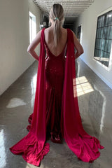 Deep V Neck Prom Dress Mermaid Burgundy Sequined Long Evening Dress with Wateau Train
