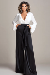 Deep V-Neck White And Black Wedding Guest Dress Satin Long Sleeves Formal Jumpsuits