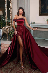 Detachable Train Prom Dress Cap Sleeve One Shoulder Formal Dress With Beadings and Rhinestones