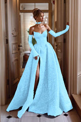 Detachable Train Prom Dress Long Sleeve Sweetheart Formal Dress With Sequins