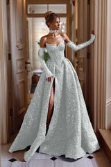 Detachable Train Prom Dress Long Sleeve Sweetheart Formal Dress With Sequins
