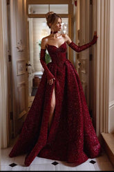 Detachable Train Prom Dress Long Sleeve Sweetheart Formal Dress With Sequins