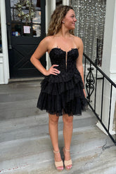 Dressystars A-Line Black Homecoming Dress Strapless Short Prom Dress with Lace
