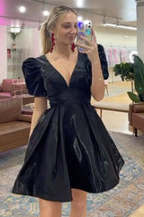 Dressystars A-Line Black Homecoming Dress V-neck Short Prom Dress with Puff Sleeves