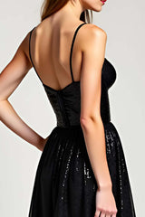 Dressystars A Line Black Wedding Guest Dress Long Formal Dress With Slit
