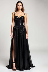 Dressystars A Line Black Wedding Guest Dress Long Formal Dress With Slit