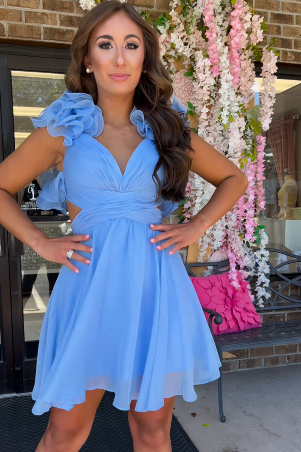 Dressystars A Line Blue Homecoming Dress Floral Short Prom Dress