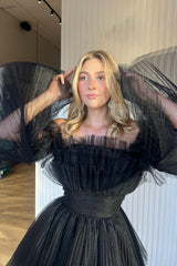 Dressystars A-Line Blue Homecoming Dress Tulle Short Prom Dress with Detachable Long Sleeves