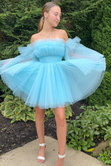 Dressystars A-Line Blue Homecoming Dress Tulle Short Prom Dress with Detachable Long Sleeves