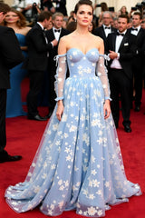 Dressystars A Line Blue Wedding Guest Dress Flowers Tulle Off The Shoulder Gala Dress With Long Sleeves
