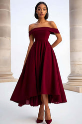 Dressystars A Line Burgundy Wedding Guest Dress Ruched Tea-Length Formal Dress