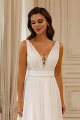 Dressystars A Line Chiffon Lace V Neck Sleeveless White Wedding Dress Bridal Gown With Openback