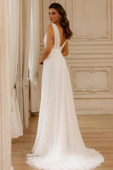 Dressystars A Line Chiffon Lace V Neck Sleeveless White Wedding Dress Bridal Gown With Openback