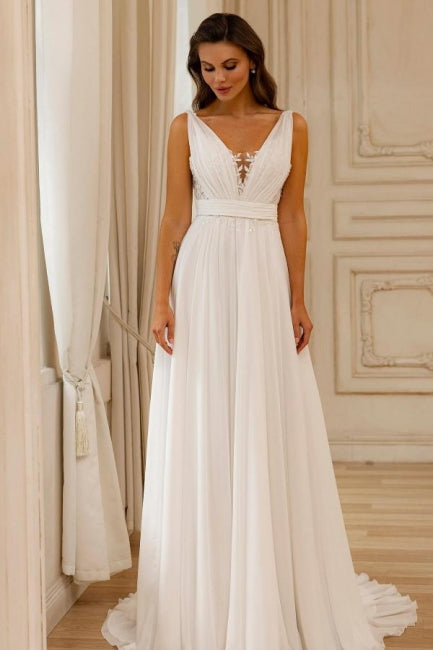 Dressystars A Line Chiffon Lace V Neck Sleeveless White Wedding Dress Bridal Gown With Openback