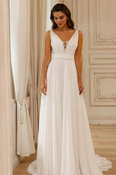 Dressystars A Line Chiffon Lace V Neck Sleeveless White Wedding Dress Bridal Gown With Openback
