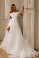 Dressystars A Line Chiffon Tulle Off The Shoulder Sleeveless White Wedding Dress Bridal Gown With Split Front
