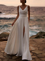 Dressystars A Line Cowl Neck Sleeveless Floor Length Stretch Satin Wedding Dress with Pockets and Detachable Shawl