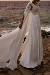 Dressystars A Line Cowl Neck Sleeveless Floor Length Stretch Satin Wedding Dress with Pockets and Detachable Shawl