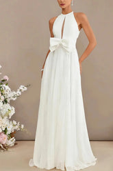 Dressystars A Line Cowl Neck Sleeveless Sweep Train Chiffon Wedding Dress with Bow and Pockets
