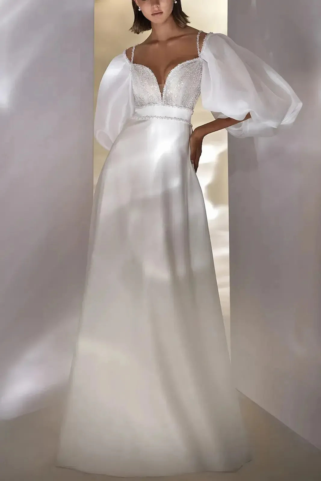 Dressystars A Line Detachable Sleeves Wedding Dress Court Train Satin Bridal Gown With Sequins