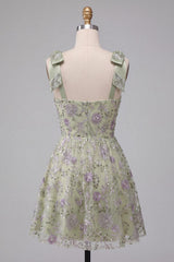 Dressystars A-Line Floral Dusty Sage Short Beaded Homecoming Dress with Bows
