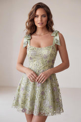 Dressystars A-Line Floral Dusty Sage Short Beaded Homecoming Dress with Bows