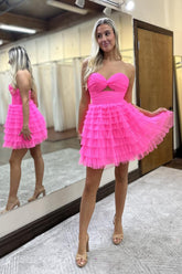 Dressystars A-Line Fuchsia Homecoming Dress Strapless Tiered Tulle Short Prom Dress with Keyhole