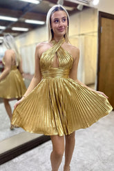 Dressystars A Line Golden Homecoming Dress Criss Cross Halter Pleated Short Prom Dress