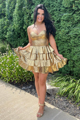 Dressystars A Line Golden Homecoming Dress Sweetheart Corset Short Prom Dress With Ruffles