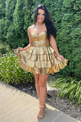 Dressystars A Line Golden Homecoming Dress Sweetheart Corset Short Prom Dress With Ruffles