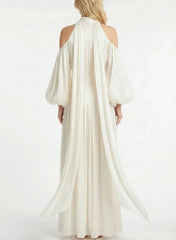 Dressystars A Line Halter Neck Long Sleeves Floor Length Wedding Dress with Pleats
