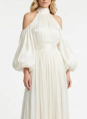 Dressystars A Line Halter Neck Long Sleeves Floor Length Wedding Dress with Pleats