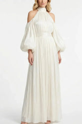 Dressystars A Line Halter Neck Long Sleeves Floor Length Wedding Dress with Pleats