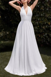 Dressystars A Line Halter Neck Sleeveless Sweep Train Chiffon Wedding Dress with Pockets