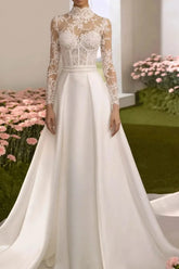 Dressystars A Line High Neck Long Sleeves Chapel Train Lace Satin Wedding Dress with Overskirt
