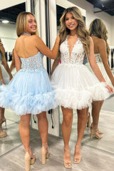 Dressystars A-Line Homecoming Dress Halter Tulle Short Prom Dress with Appliques