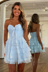 Dressystars A Line Homecoming Dresses Blue Tulle Sweetheart Tiered Cocktail Dresses